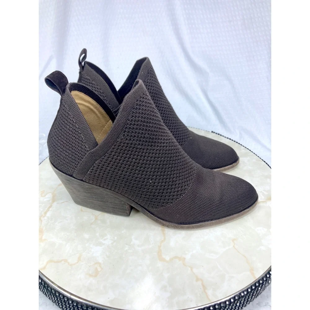Eileen Fisher Joss Knit Ankle Booties Womens Sz 8.5 Brown Pointed Toe Block Heel